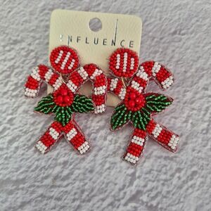 Influence Beaded Candy Cane Drop Earrings‎ Red White Green Christmas Holiday NEW